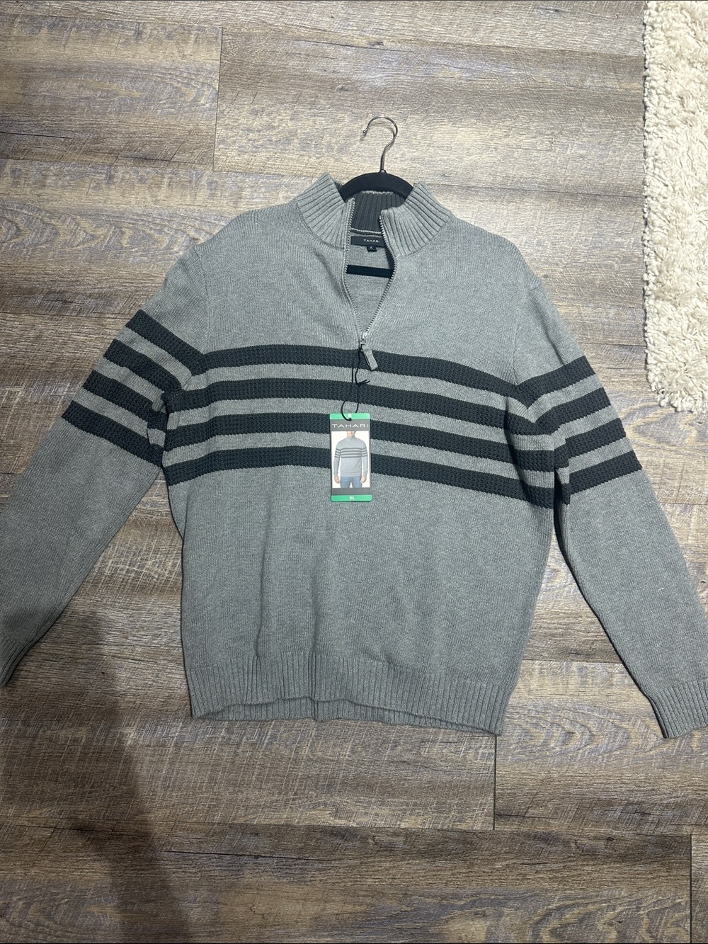 Tahari Gray Quarter-Zip Sweater with Black Stripes